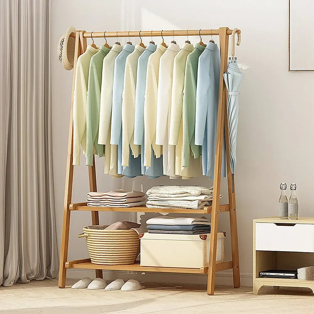 Portable Clothes Rack Coat Garment Stand Bamboo Rail Hanger Airer Closet.. Price