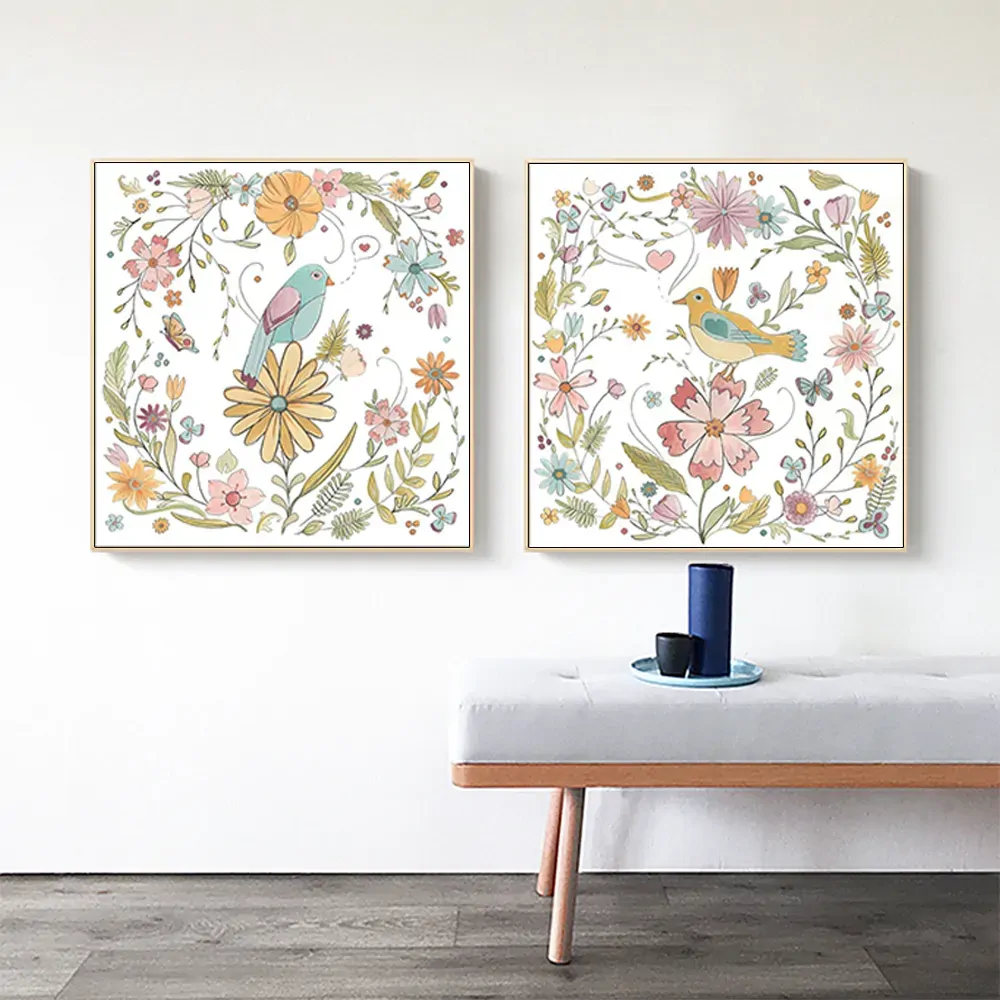 Floral birds 2 Sets Gold Frame Canvas Wall Art Price