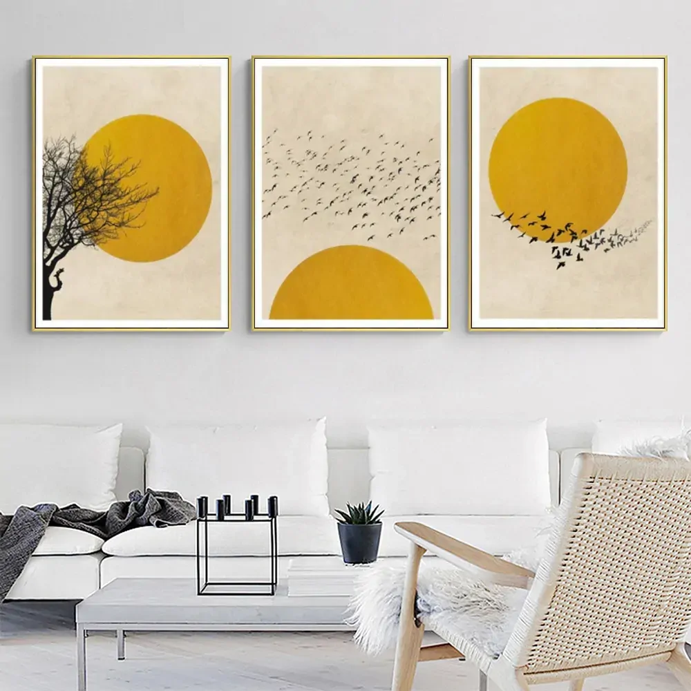 Flock Of Birds Sun Silhouette 3 Sets Gold Frame Canvas Wall Art Price