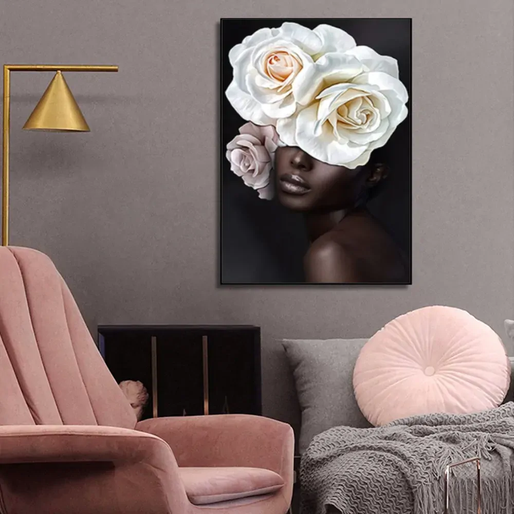 Flower African Woman Black Frame Canvas Wall Art Price