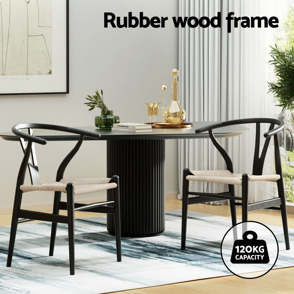 1 Set of 2 Artiss Dining Chairs Wooden Rattan Wishbone Black Price