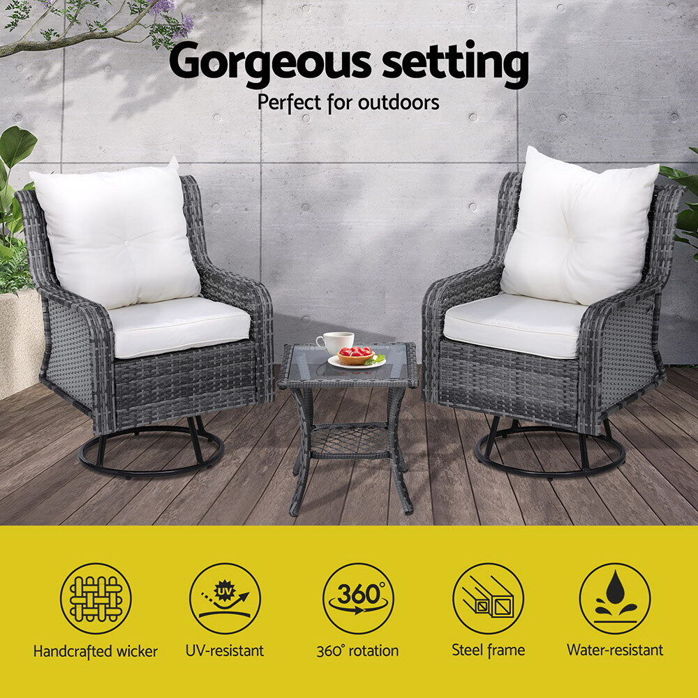 Gardeon 3PC Outdoor Furniture Bistro Set Lounge Wicker Swivel Chairs Table Cushion Grey Price