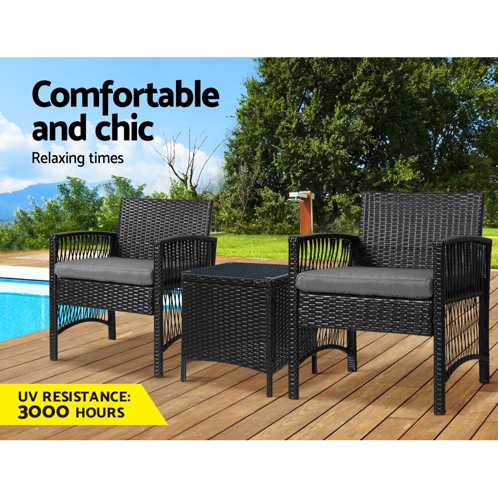 3PC Outdoor Bistro Set Patio Furniture Wicker Dining Chairs Table Cushion Black Price