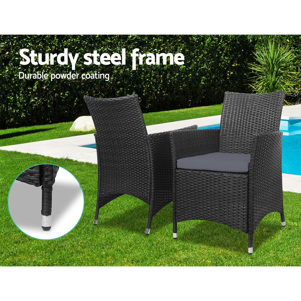 Gardeon 3PC Outdoor Bistro Set Patio Furniture Wicker Chairs Table Cushion All Black Price