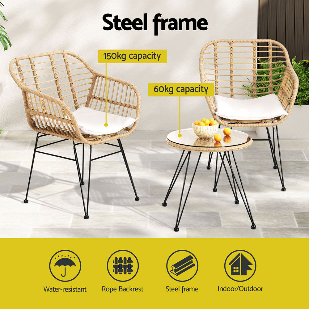 Gardeon 3PC Outdoor Furniture Bistro Set Lounge Setting Table Chairs Cushion Patio Grey Price