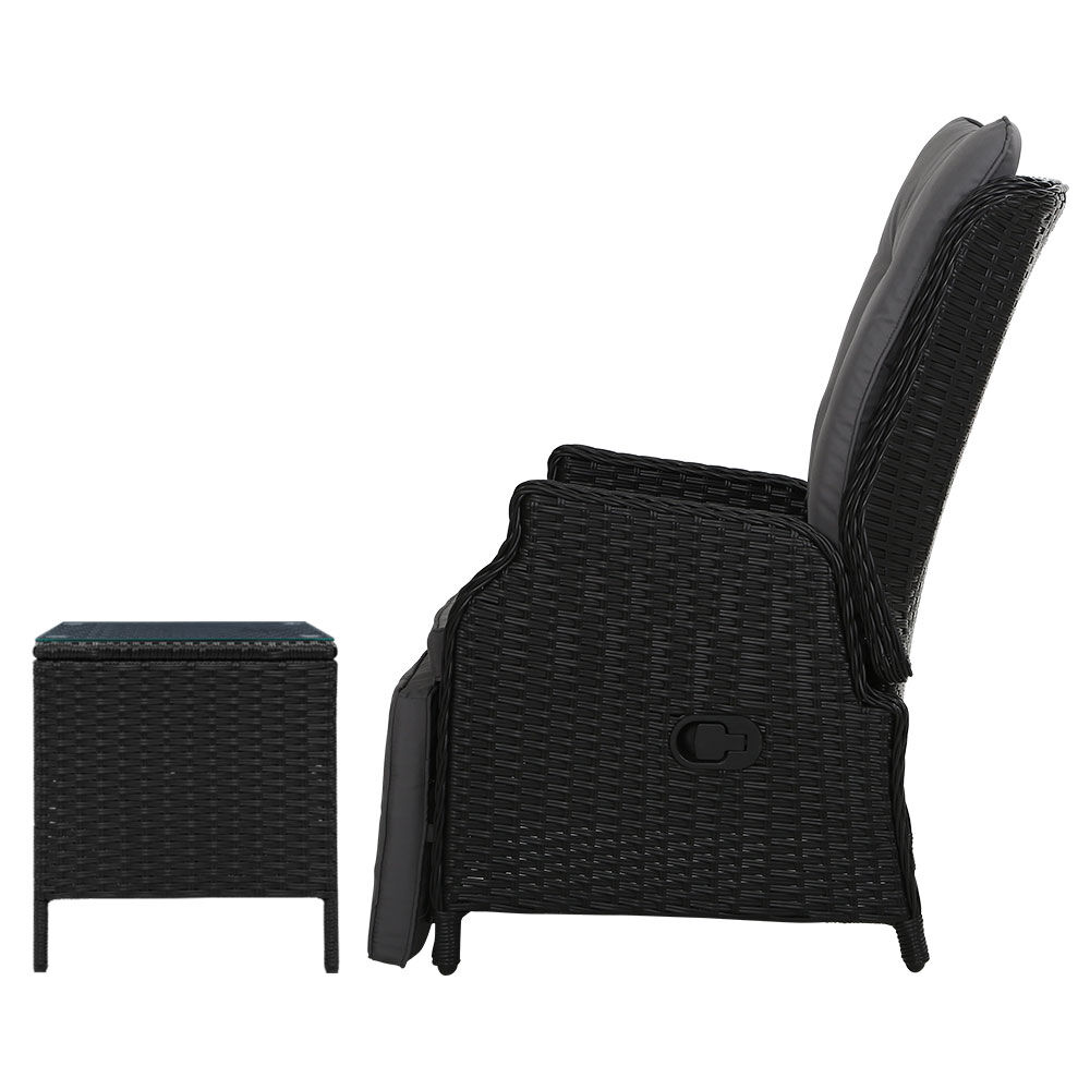 Gardeon 3PC Recliner Chairs Table Sun lounge Outdoor Furniture Wicker Adjustable Black Price