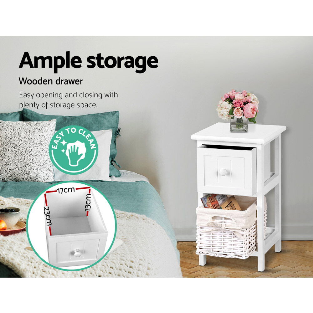 Bedside Table 1 Drawer with Basket Rustic White X2 Price