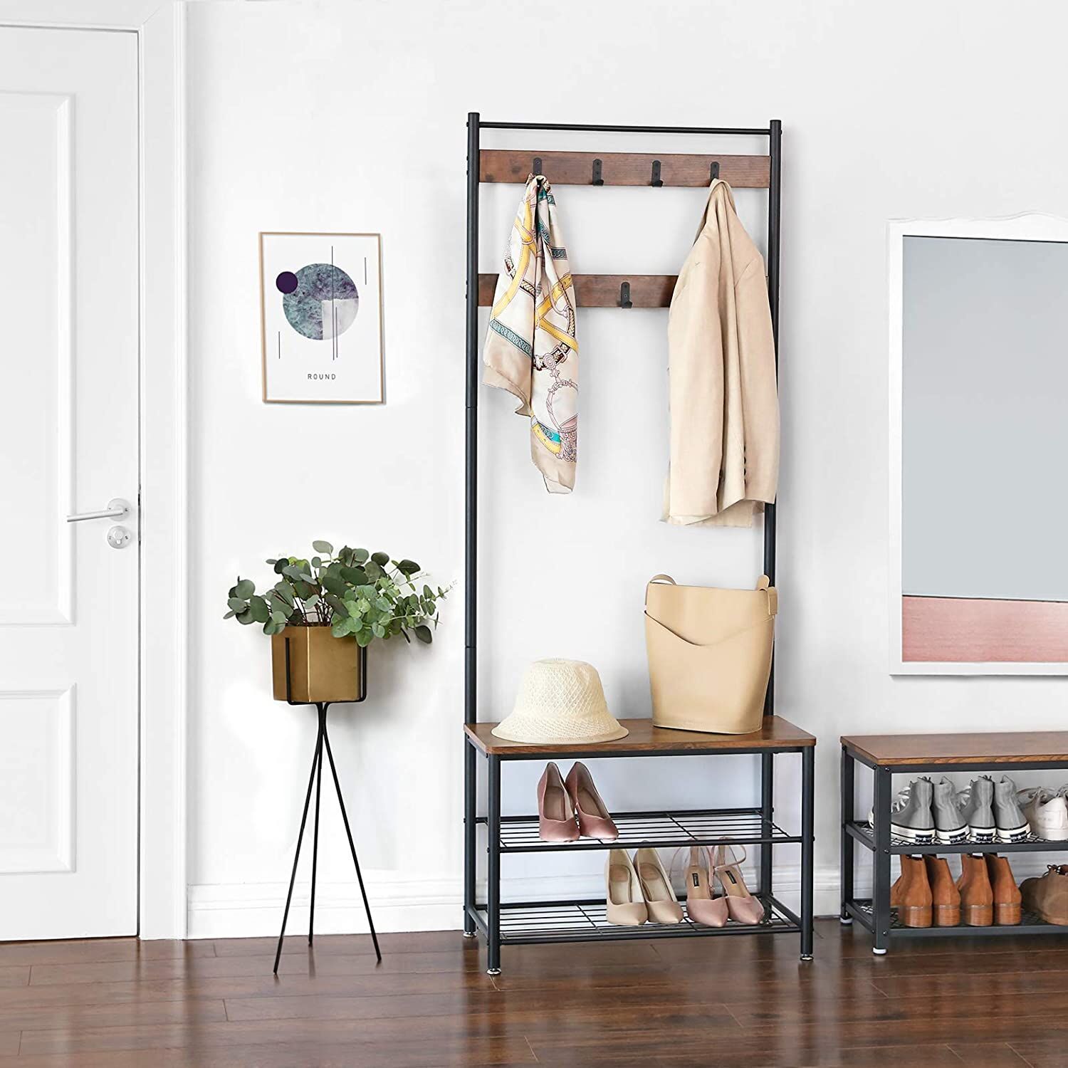 Rustic Brown Coat Rack Stand with Hallway Shoe Rack and Bench with Shelves Matte Metal Frame Height 175 cm Price