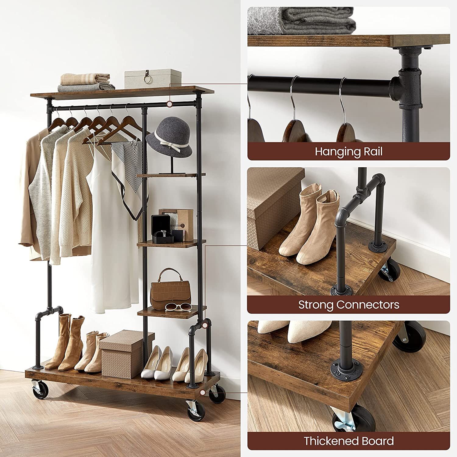 Clothing Garment Rack on Wheels with 5-Tier, Industrial Pipe Style, Rustic Brown Price