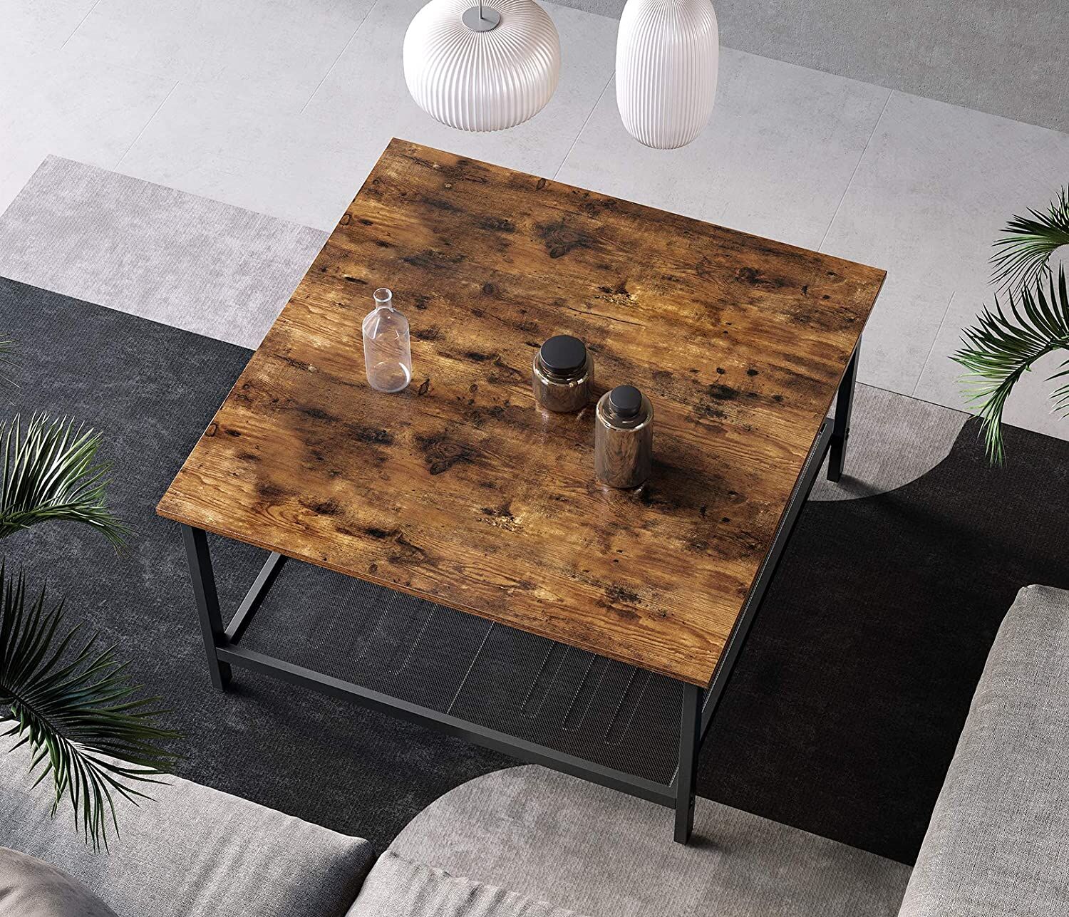 Robust Coffee Table Steel Frame and Mesh Storage Shelf, Rustic Brown and Black Price