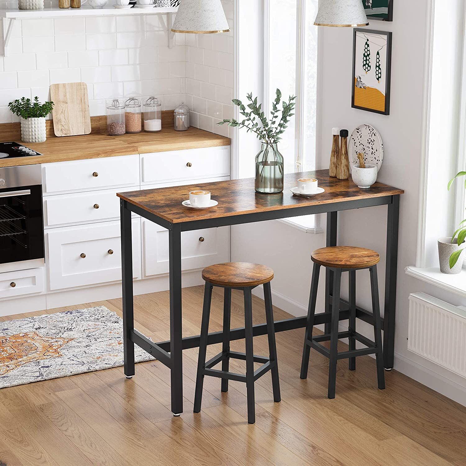 Bar Table with Solid Metal Frame and Wood Look, 120 x 60 x 90 cm Price