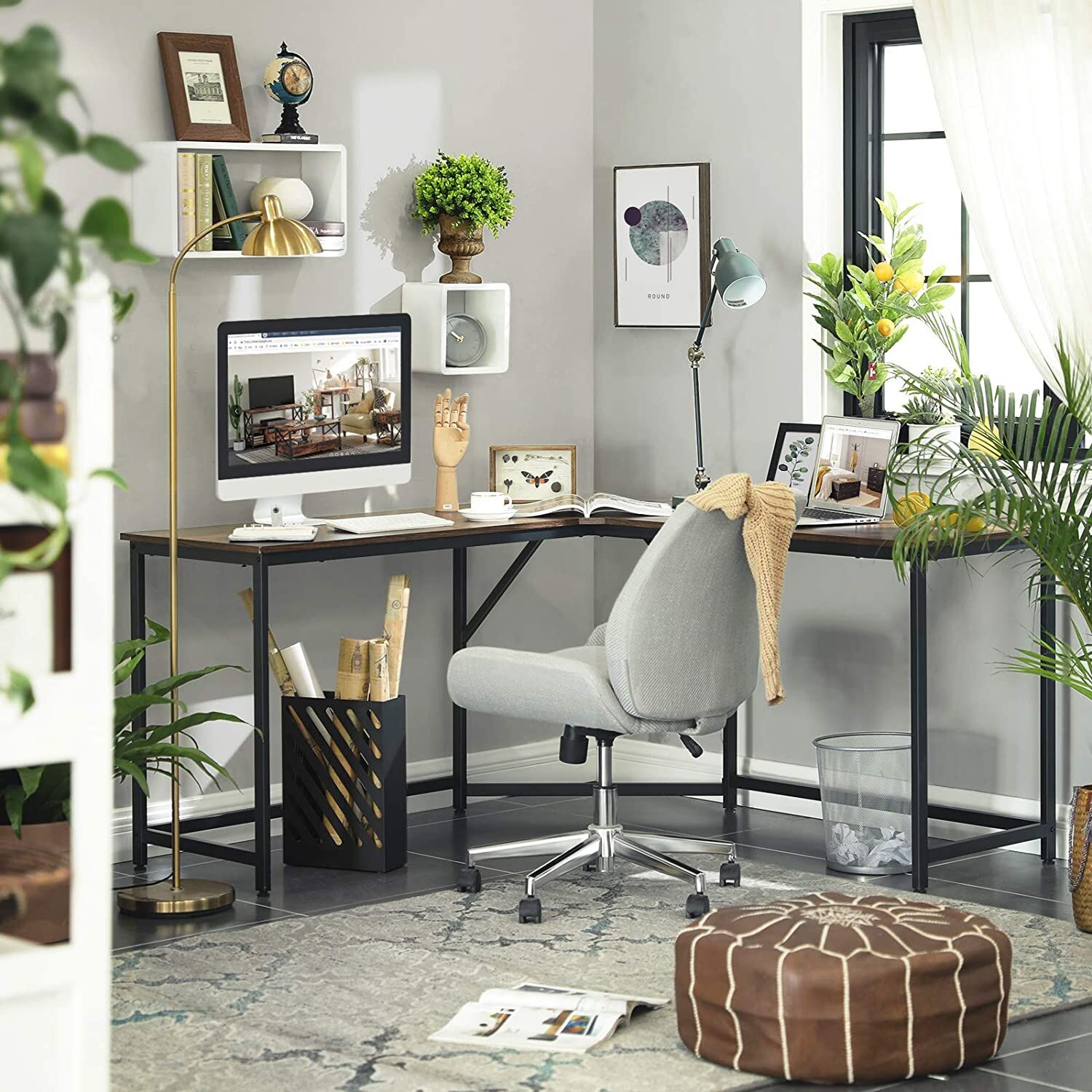 L-Shaped Computer Desk, Rustic Brown and Black Price