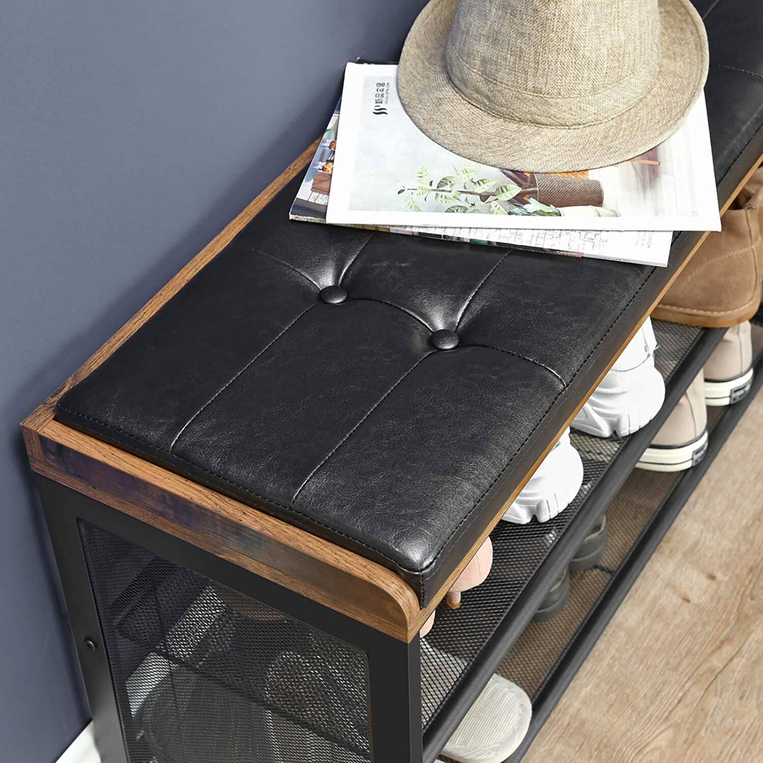 Shoe Bench with Mesh Shelf and Faux Leather Vintage Brown Black 80 x 30 x 48 cm Price