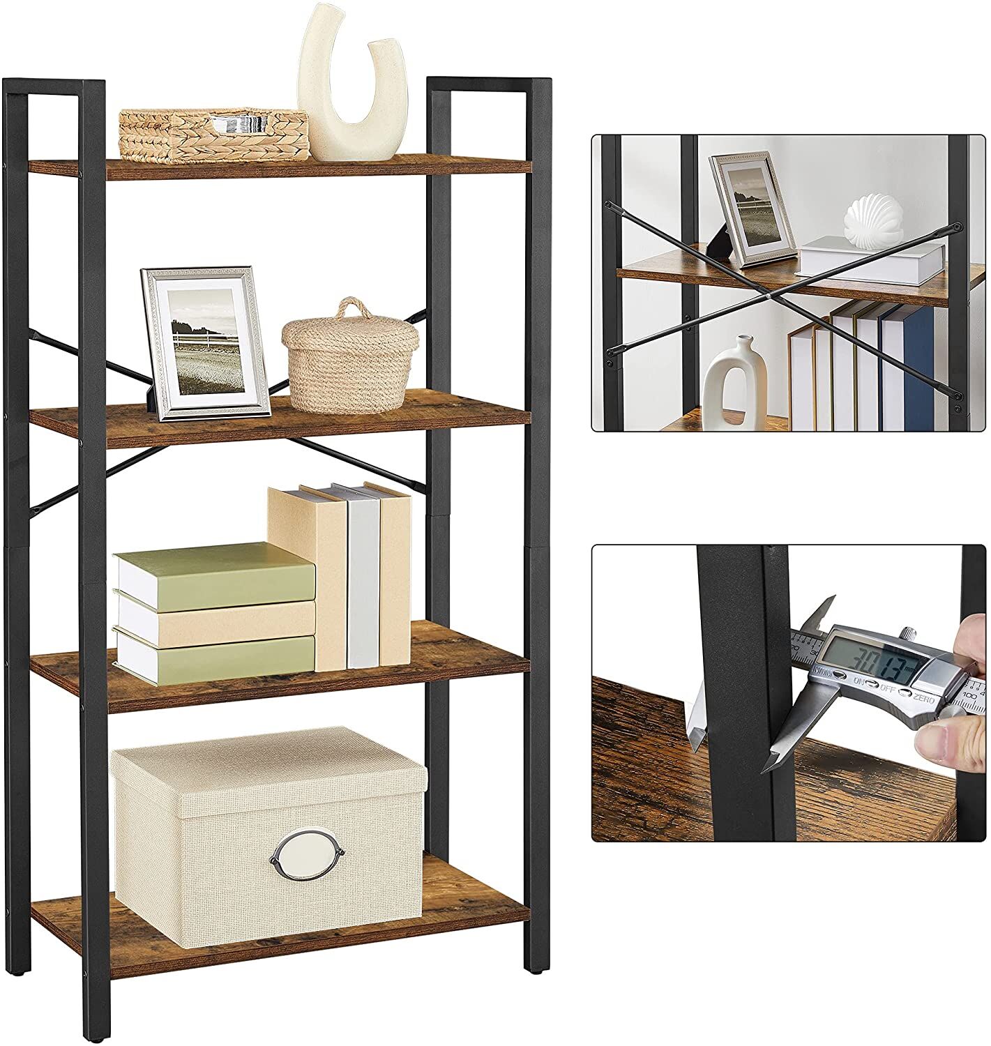 4-Tier Storage Rack with Steel Frame, 120 cm High, Rustic Brown and Black Price