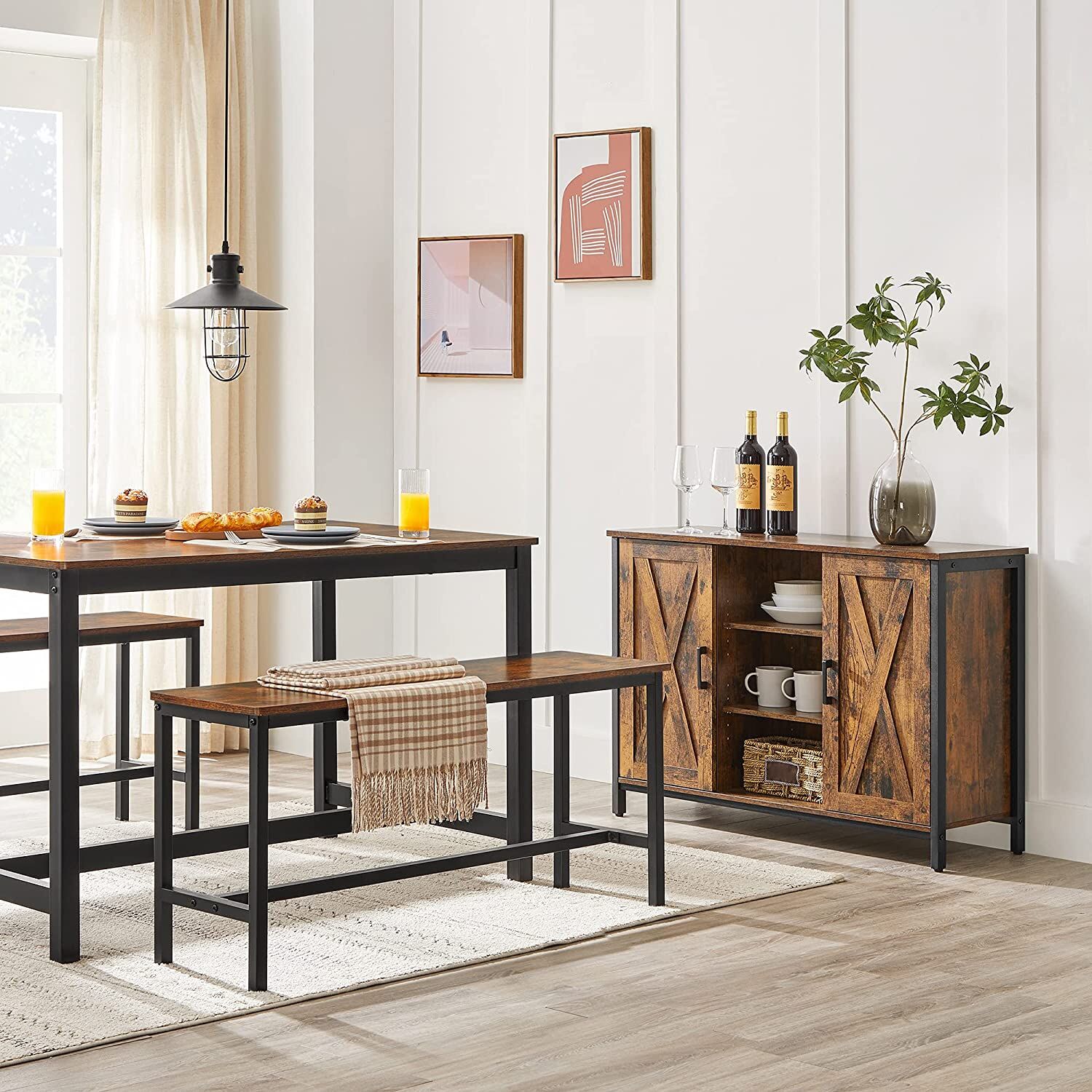 Set of 2 Table Benches Industrial Style Durable Metal Frame 108 x 32.5 x 50 cm Rustic Brown Price