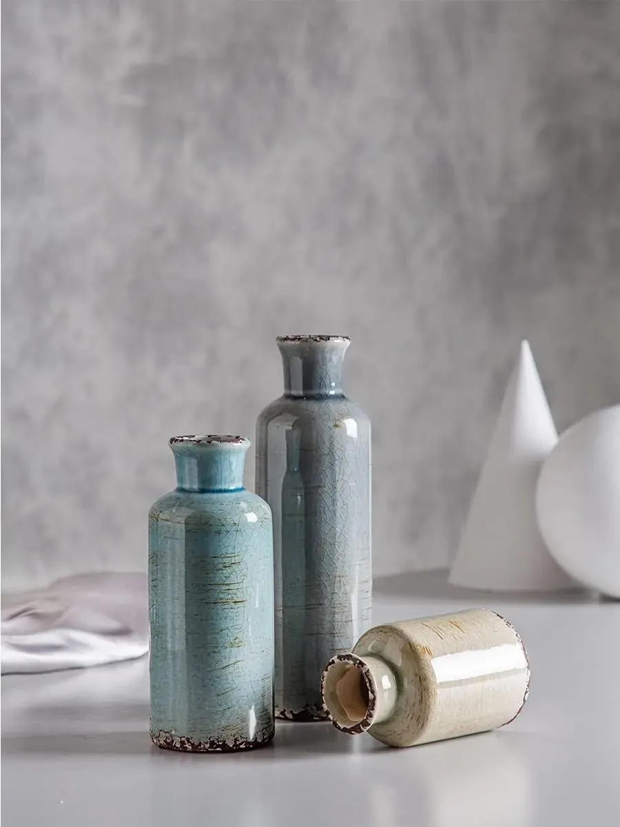 Ceramic Vases Set of 3 Crackled Finish Blue Farmhouse for Home D?cor Price