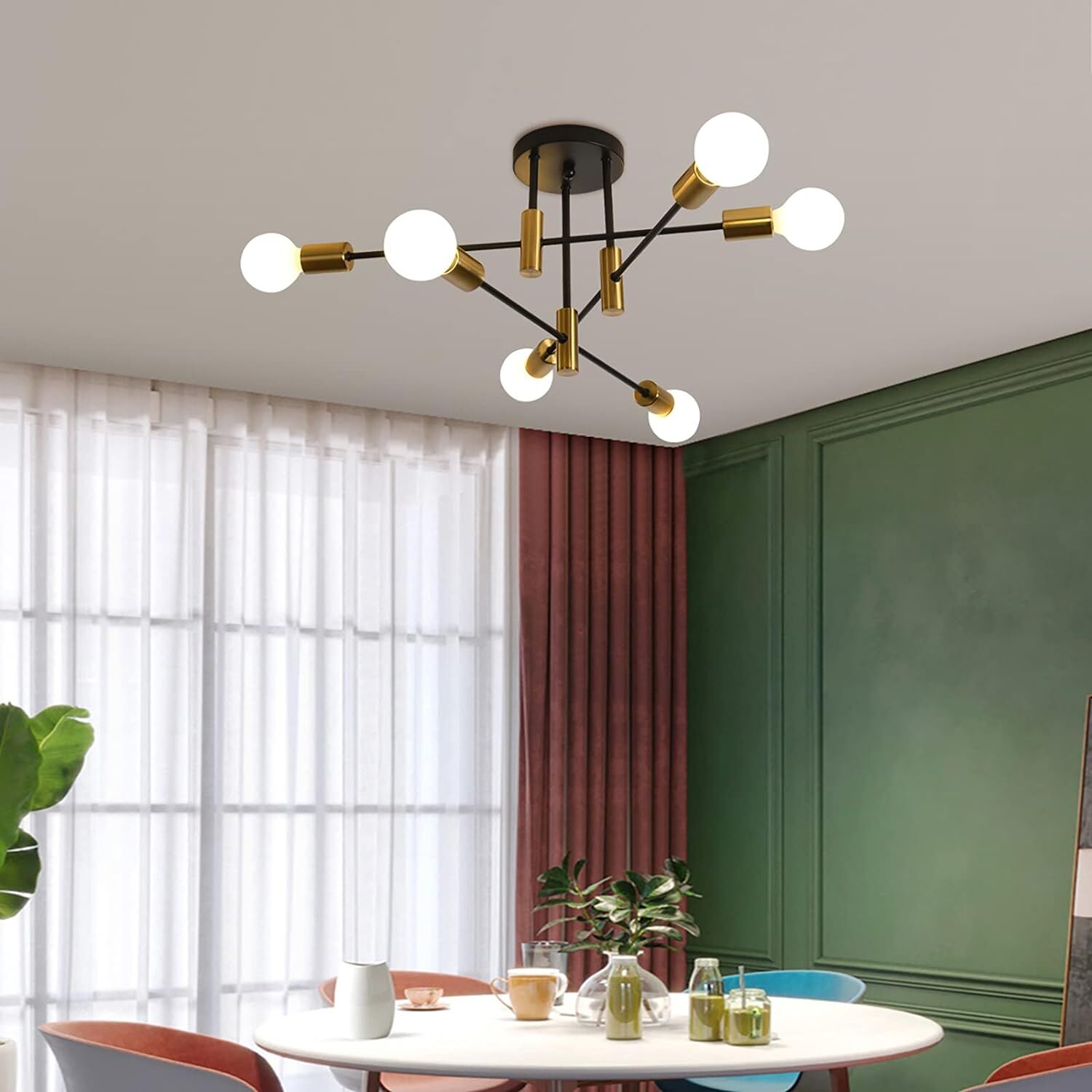 Mid Century Chandelier Modern, 6-Light , Black & Gold Price