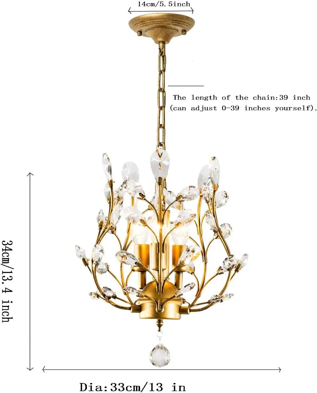 Crystal Chandelier Vintage, 3 Lights, Gold Price