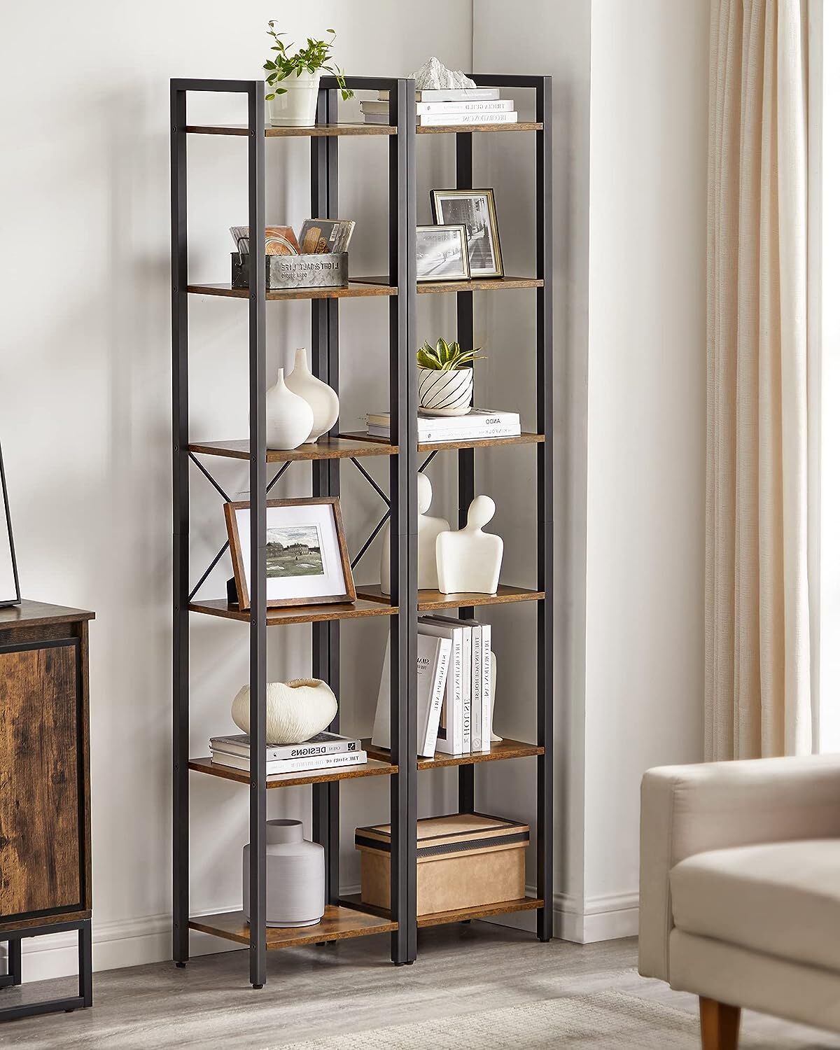 Small 6-Tier Industrial Bookshelf, Rustic Brown, Black Price