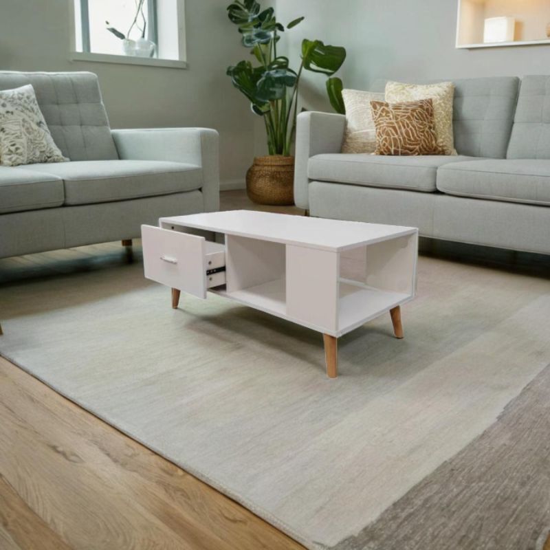 White Coffee Table Storage Drawer & Open Shelf With Wooden Legs Price