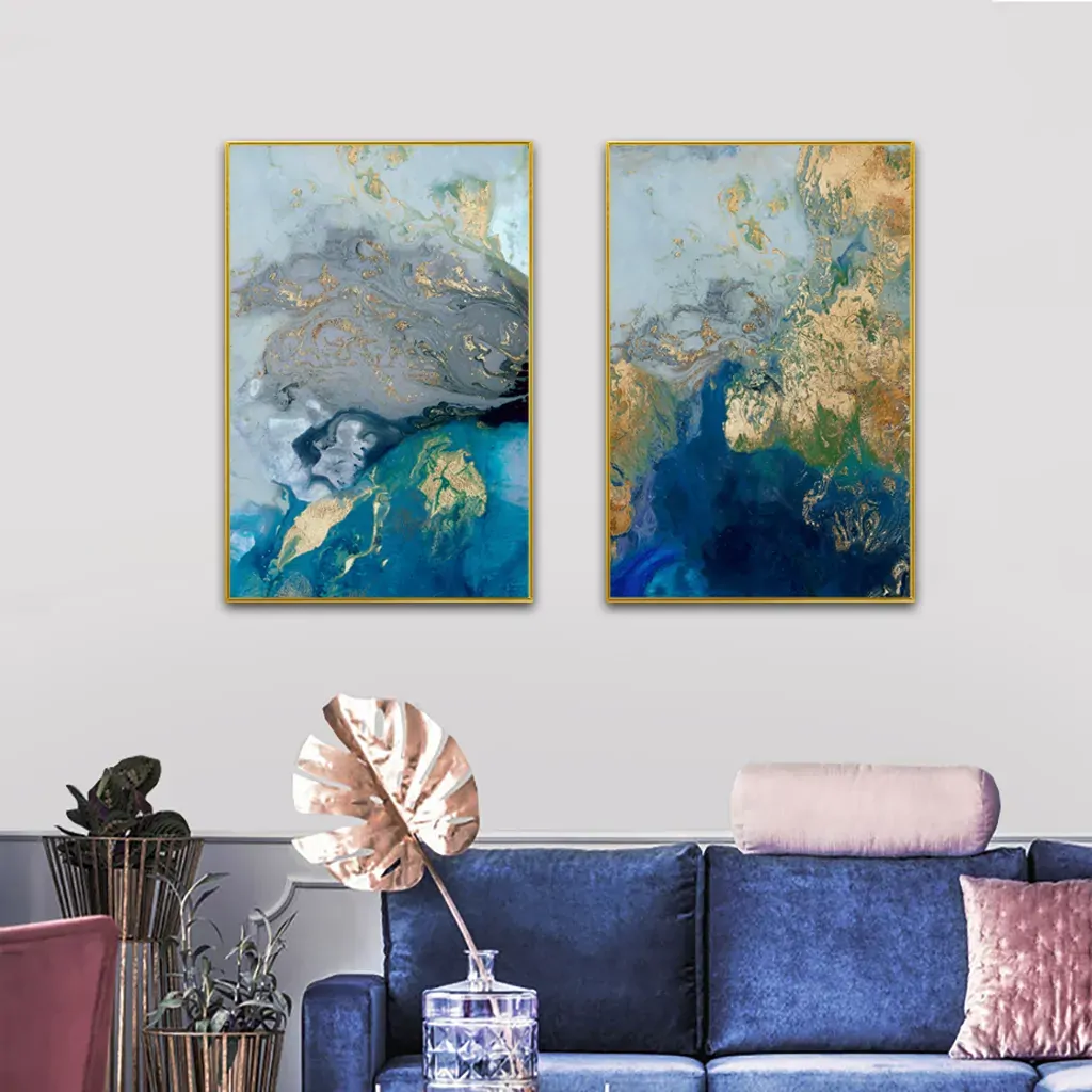 Wall Art 40cmx60cm Marbled Blue And Gold 2 Sets Gold Frame Canvas Price