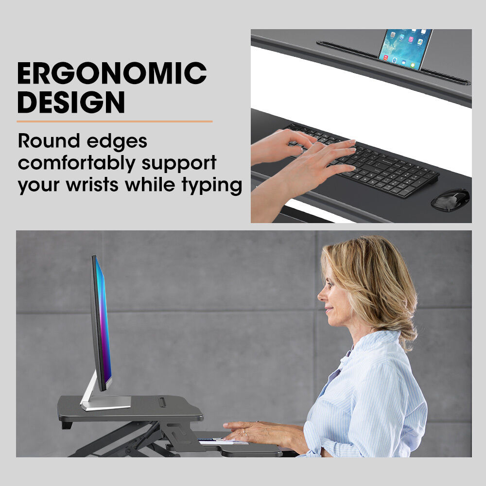 Fortia Desk Riser 90cm Wide Adjustable Sit to Stand for Dual Monitor, Keyboard, Laptop, Black Price