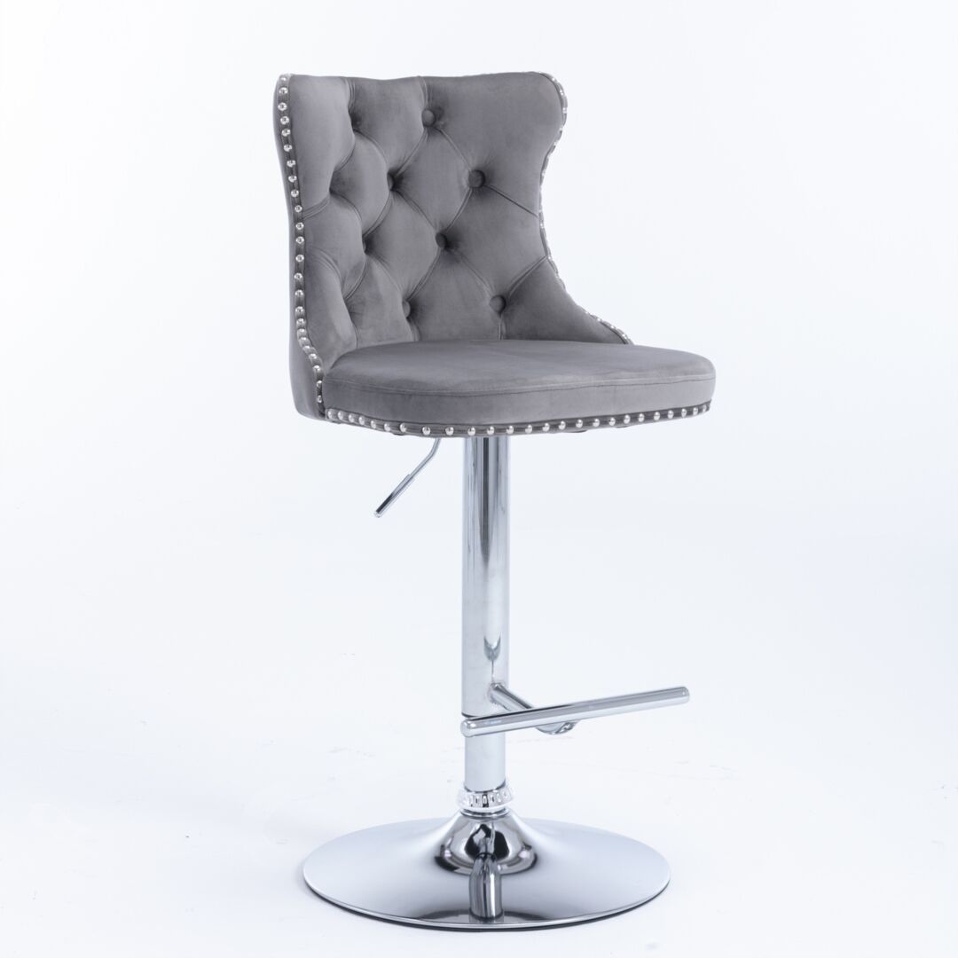 4x Height Adjustable Swivel Bar Stool Velvet Stud Barstool with Footrest and Chromed Base- Gray Price
