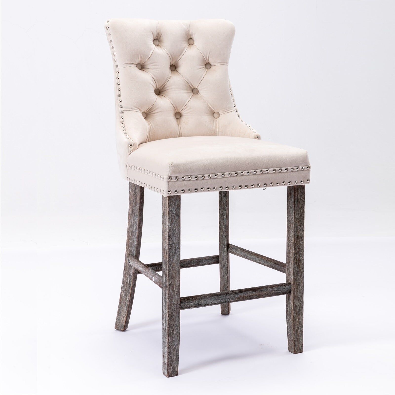 2X Velvet Bar Stools with Studs Trim Wooden Legs Tufted Dining Chairs Kitchen Price