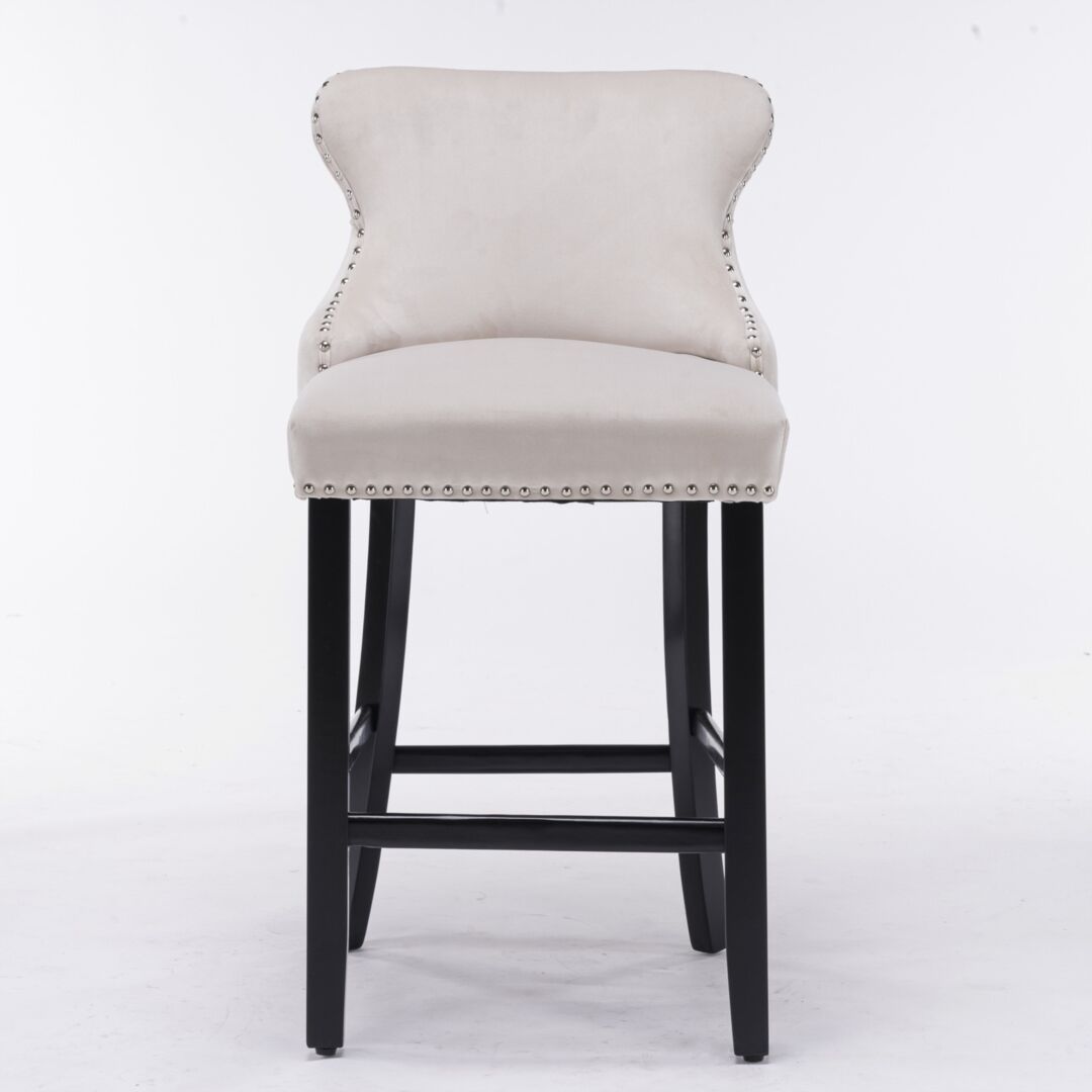4x Velvet Upholstered Button Tufted Bar Stools with Wood Legs and Studs-Beige Price
