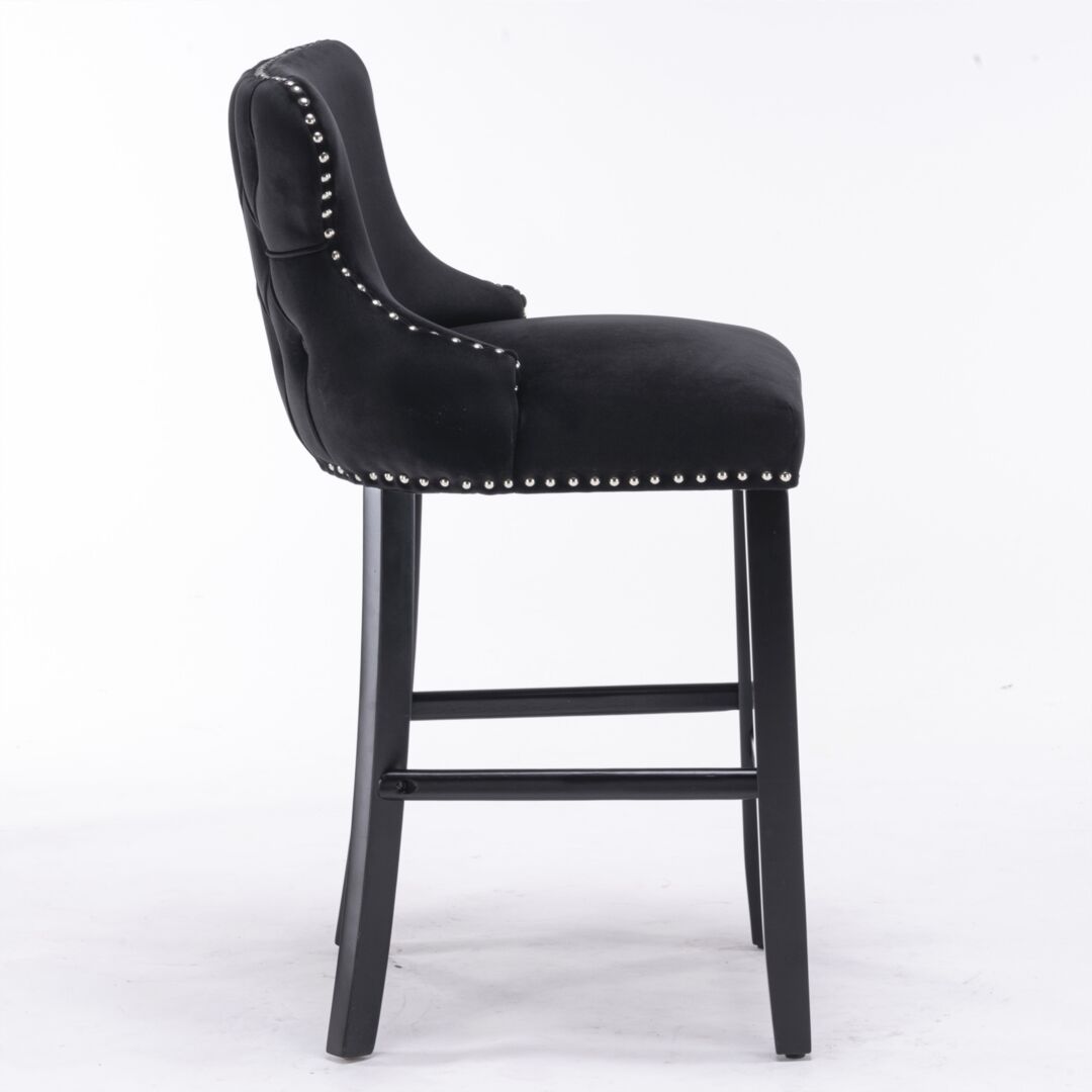 2x Velvet Upholstered Button Tufted Bar Stools with Wood Legs and Studs-Black Price