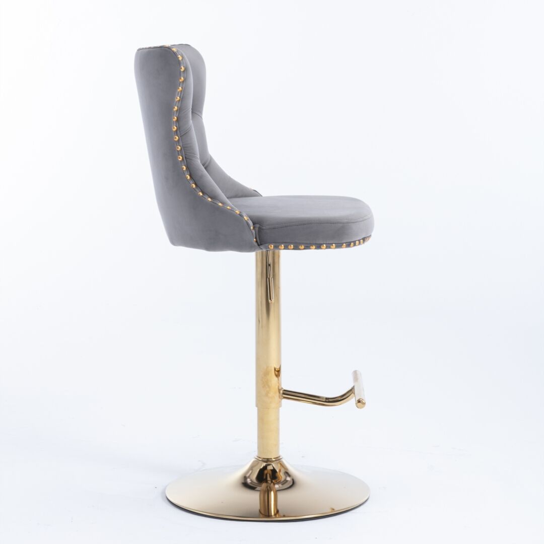 2x Height Adjustable Swivel Bar Stool Velvet Studs Barstool with Footrest and Golden Base- Grey Price