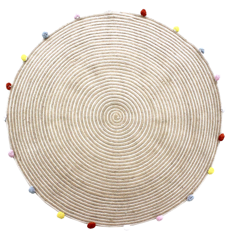 Round Woven Jute Cotton Multicolour Pompom Rug 120 cm Price