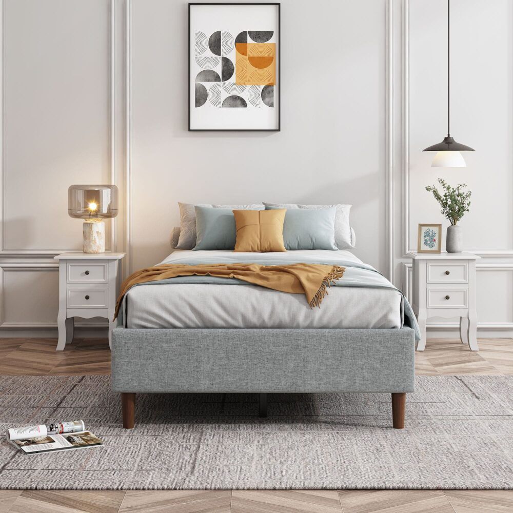 Bedframe with Wooden Slats (Light Grey) – Single Price