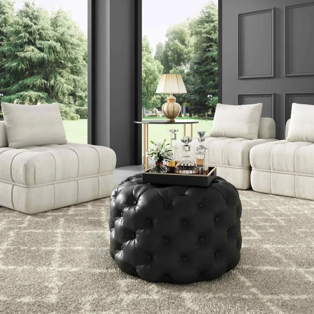 Contemporary Black Leather-look Ottoman with Button Price