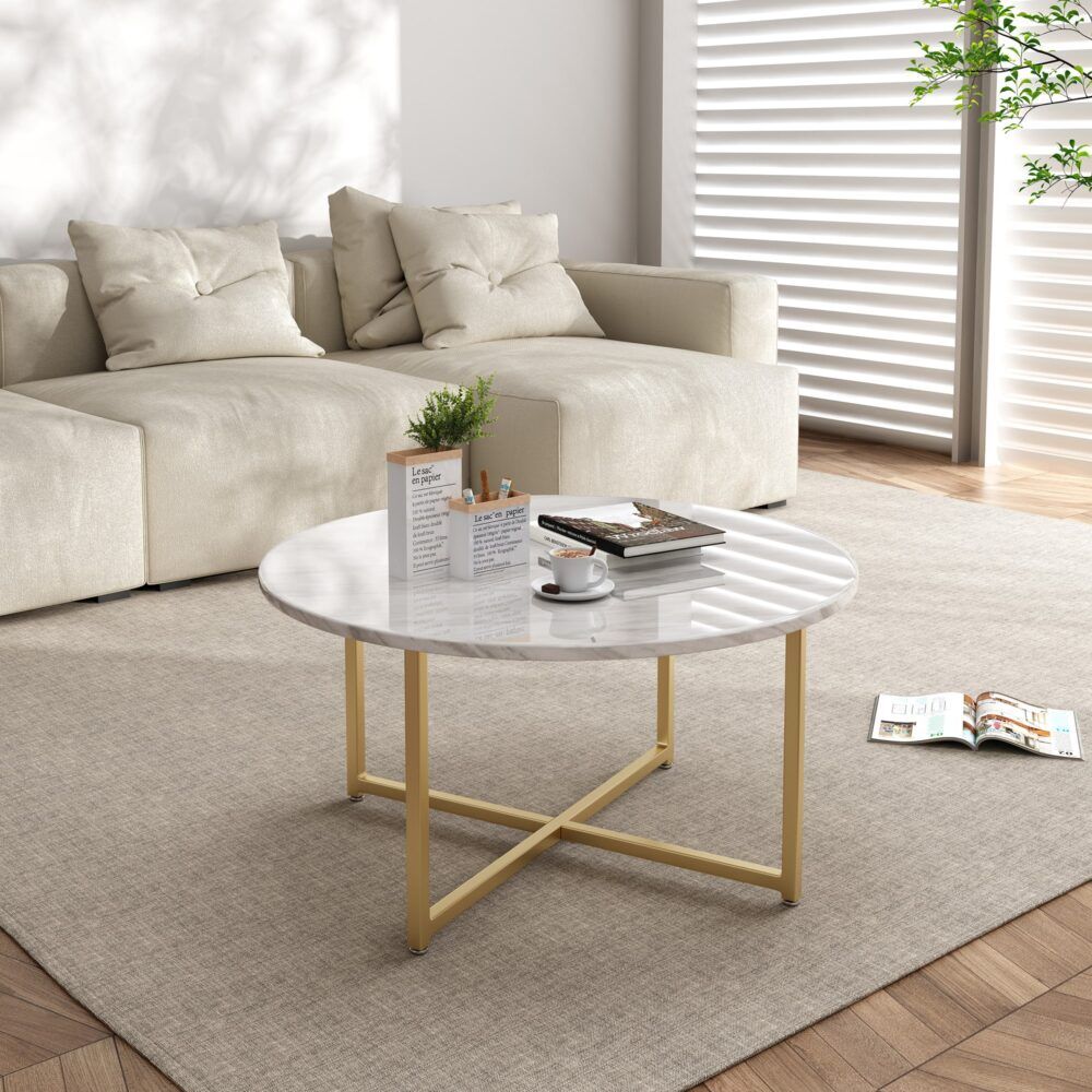 White Marble Effect Round Coffee Table with Gold Legs Price