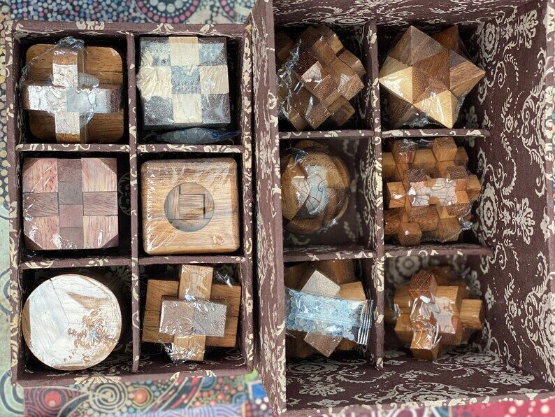 12 unique hand made wooden Puzzles in a Deluxe Gift Box Set-for kids or adults Price