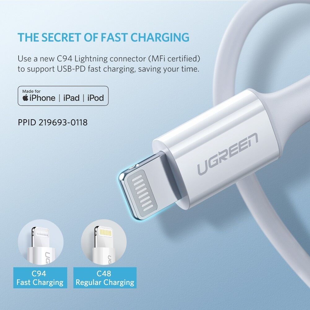 UGREEN 10493 Type-C to MFI iPhone M/M Cable Rubber Shell 1M White Price