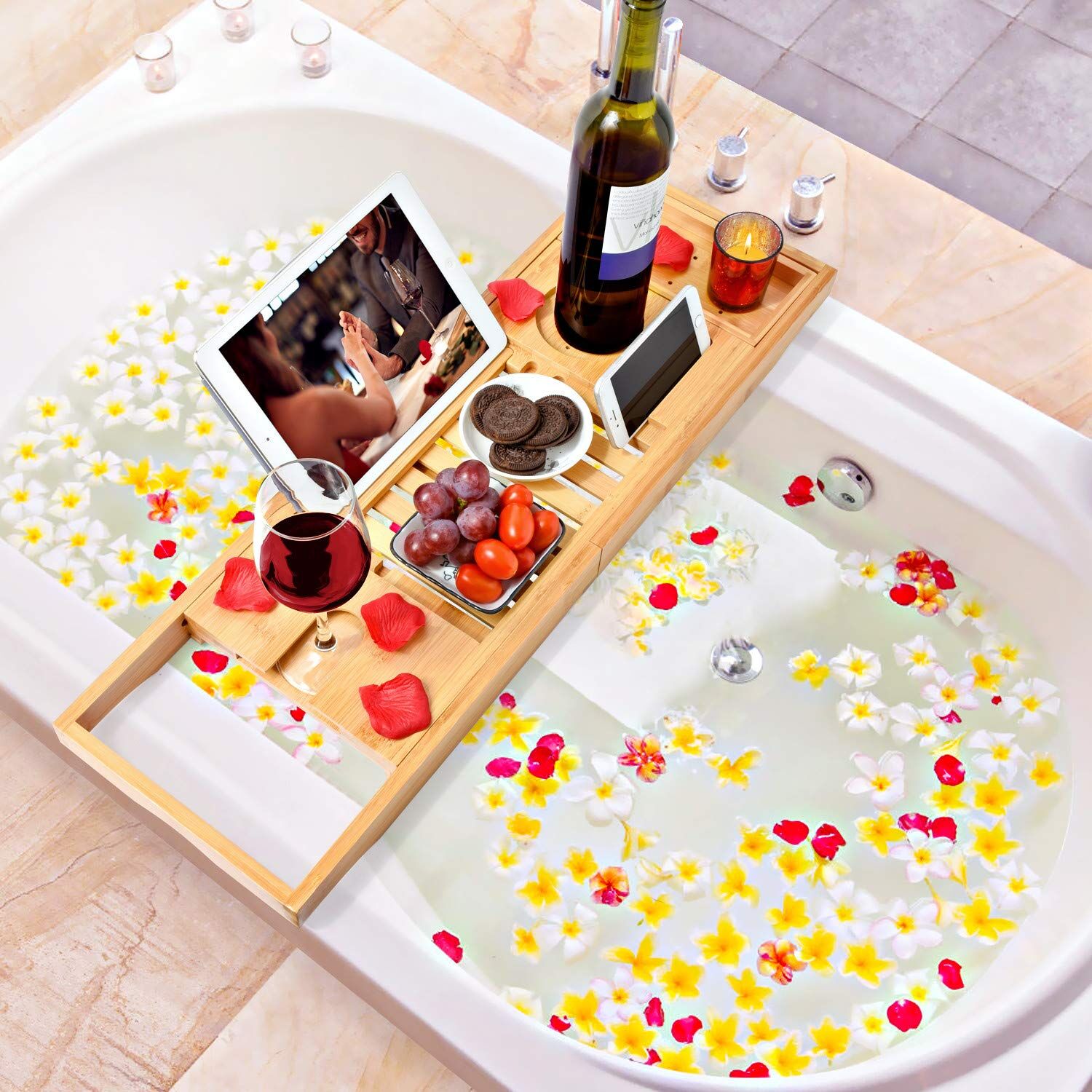 Bamboo Bathtub Bath tub Tray Table Caddy Tray Cellphone,Book,Tray Wineglass Holder Price