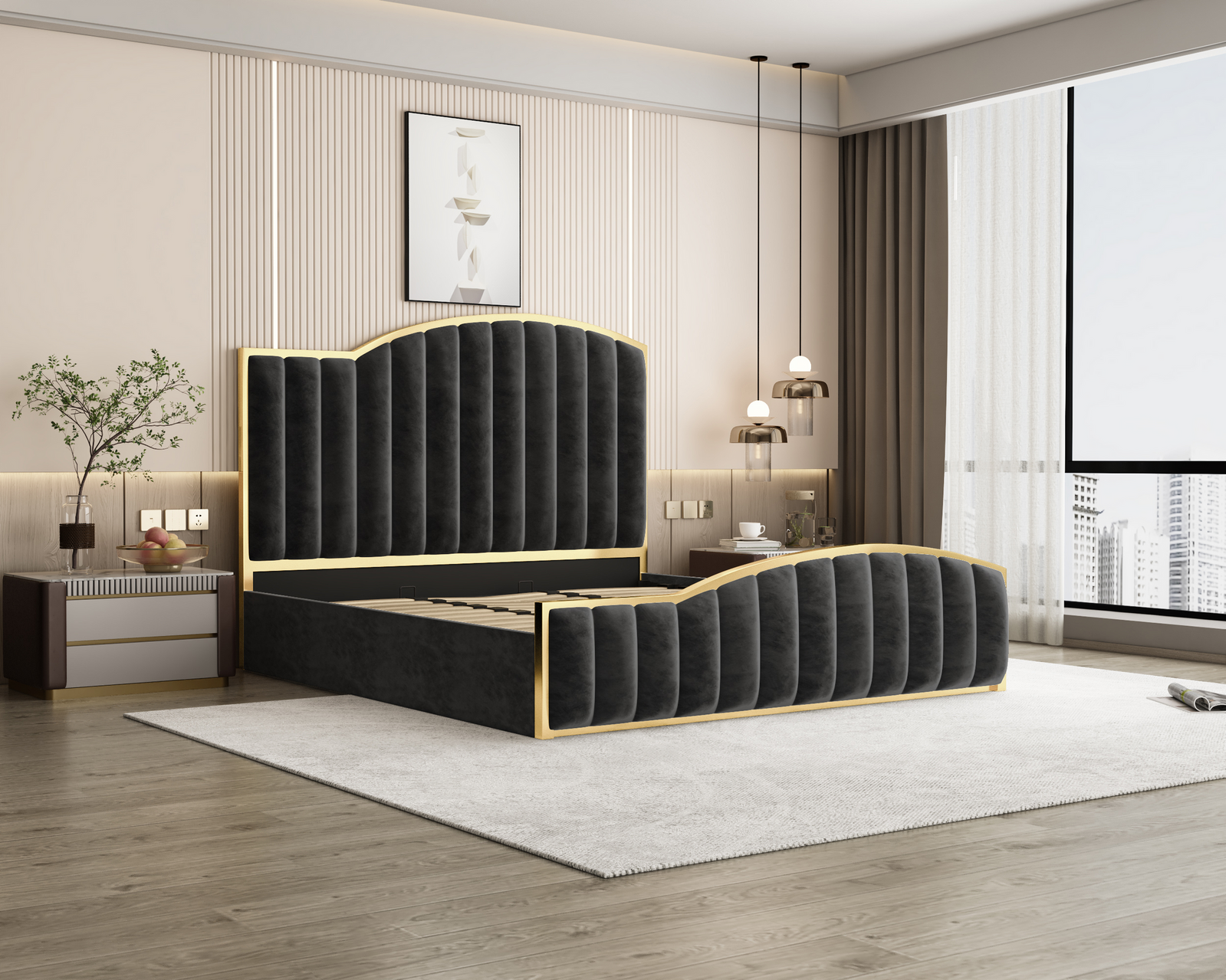 King Size Elegant Luxury Bedframe with Gas Lift Storage Charcoal Velvet Fabric Golden Trim Price