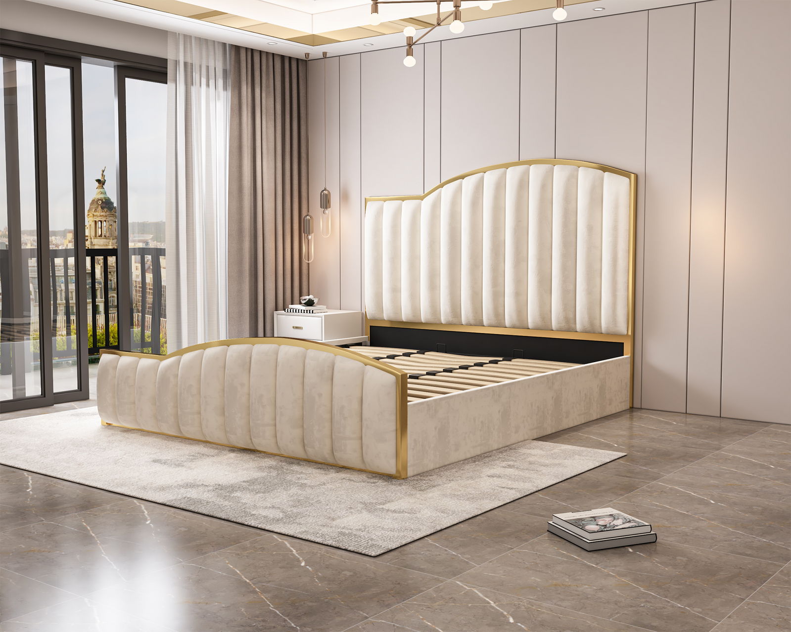 Elegant Luxury King Size Bedframe in Beige with Gas Lift Storage Velvet Fabric Golden Trim Price