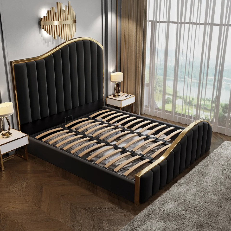 Queen Size Black Velvet Fabric Golden Metal Storage Elegant Luxury Bedframe Price