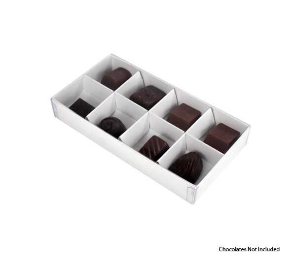 100 Pack of White Card Chocolate Sweet Soap Product Reatail Gift Box - 8 bay 3cm Compartments - Clear Slide On Lid - 16x8x3cm Price