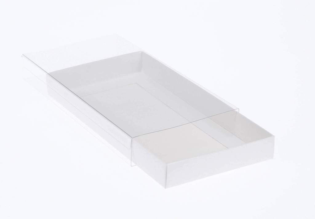 100 Pack of White Card Box - Clear Slide On Lid - 30 x 20 x 8cm - Large Beauty Product Gift Giving Hamper Tray Merch Fashion Cake Sweets Xmas Price