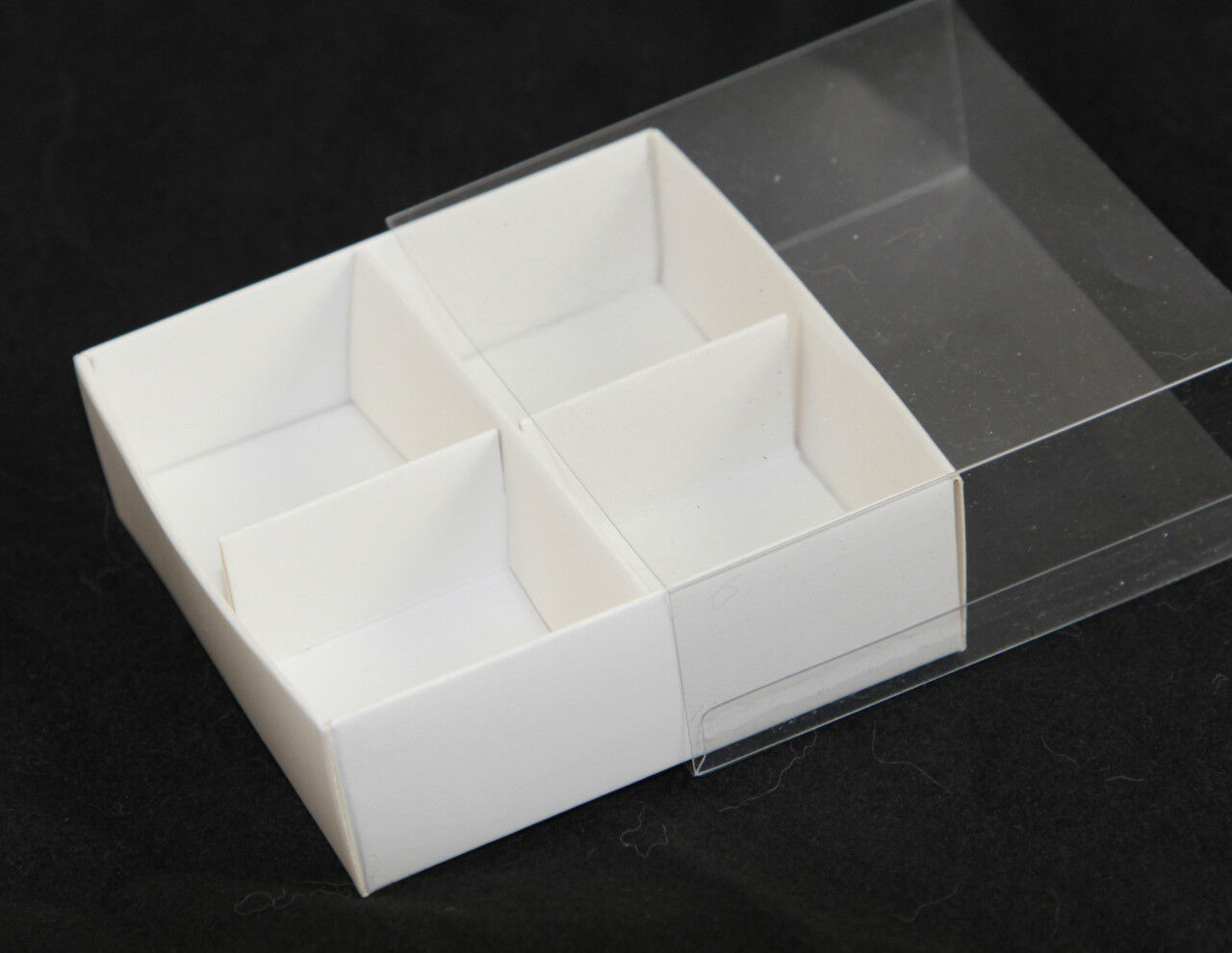 50 Pack of White Card Chocolate Sweet Soap Product Reatail Gift Box - 4 Bay Compartments - Clear Slide On Lid - 8x8x3cm Price