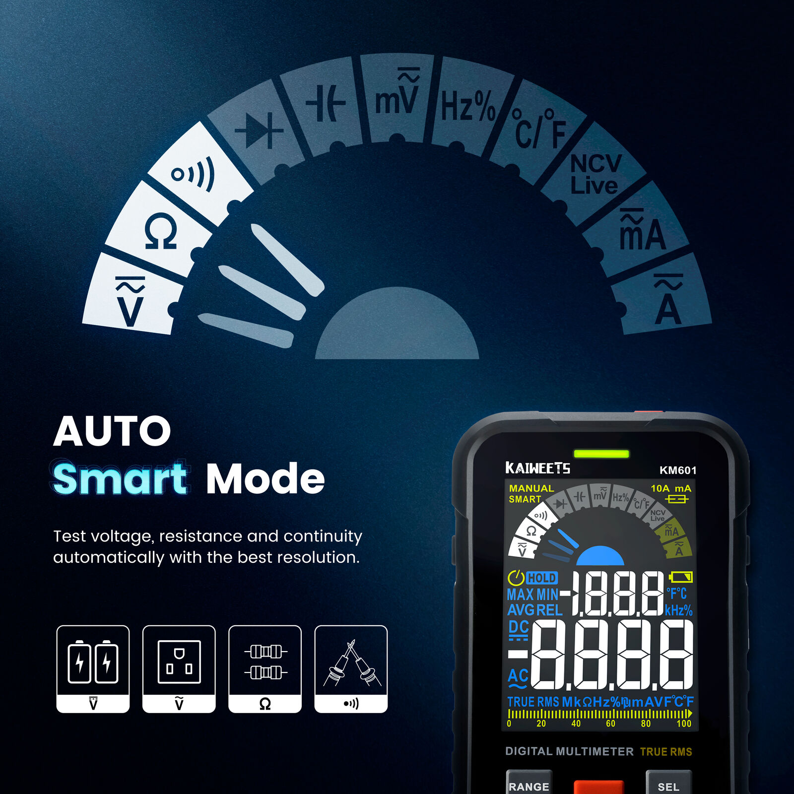 KAIWEETS Digital Multimeter Voltmeter Smart Electrical Tester Measures Voltage Current Resistance Continuity Duty-Cycle Capacitance Temperature Freque Price
