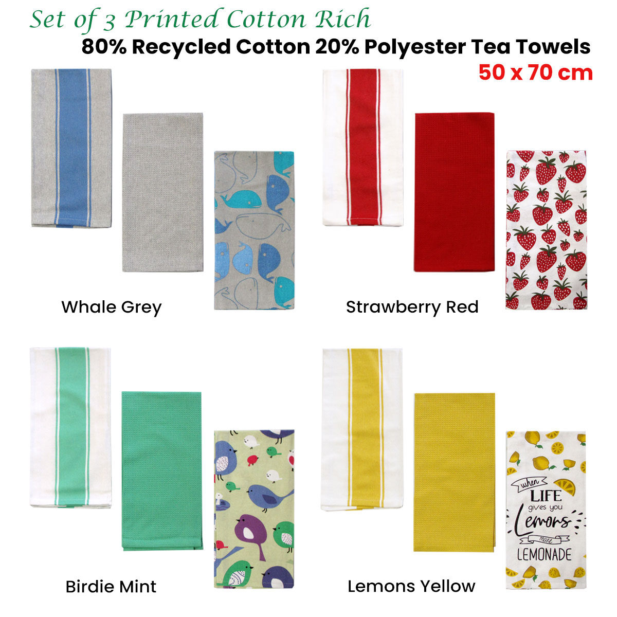 Home Oasis Set of 3 Printed Cotton Rich Tea Towels 50 x 70 cm Lemons Yellow Price