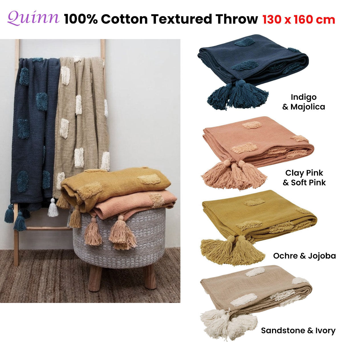 J Elliot Home Quinn 100% Cotton Textured Throw 130 x 160 cm Ochre & Jojoba Price