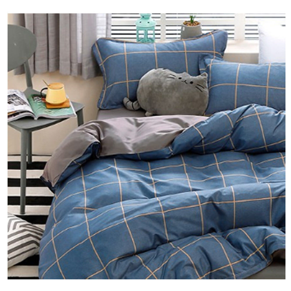Blue Plaid Pattern Aloe Cotton Flat Sheet Quilt Cover Pillowcases 4pcs Bedding Set Duvet Doona Quilt Cover Set (King) Price