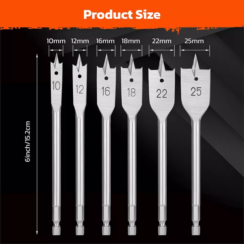 6-Pieces Flat Wood Boring Spade Drill Bit Set Drillbits 10-25mm Bits 1/4" Shank Price