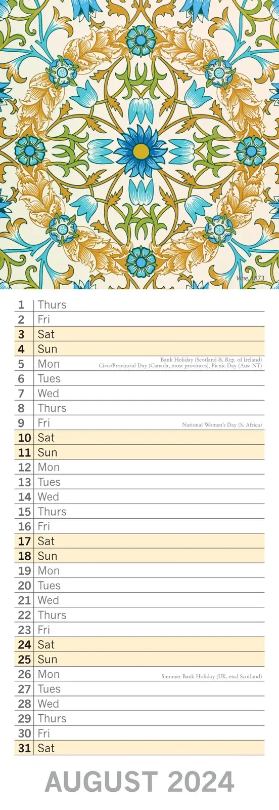 William Morris Rose - 2024 Slimline Slim Wall Calendar Hanging Planner New Year Price